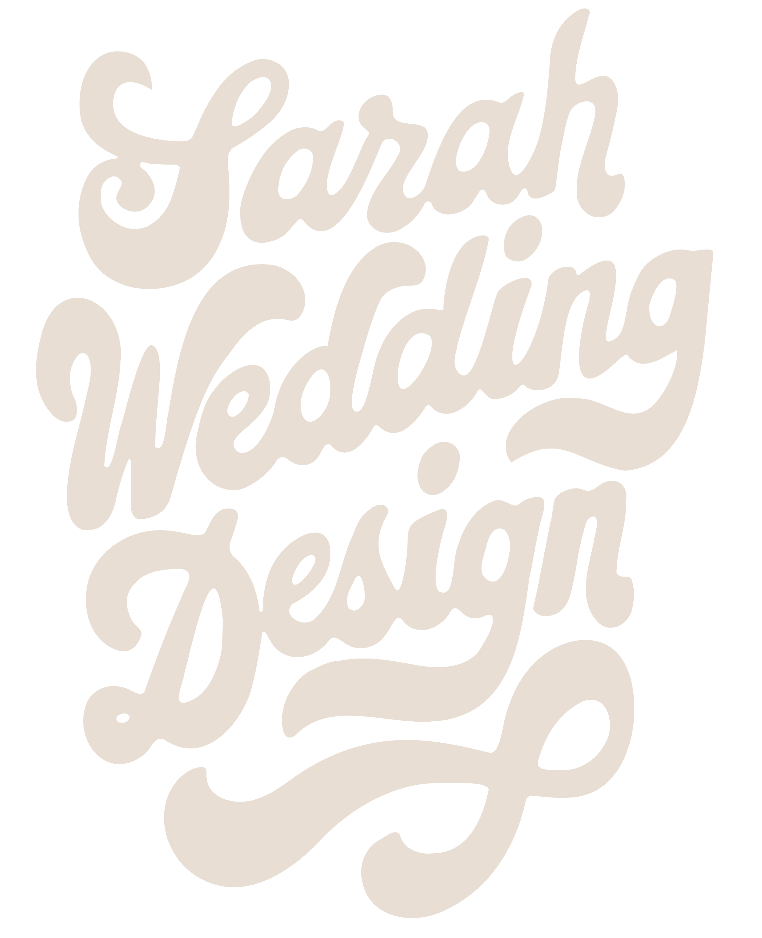Stylized beige text on black background saying, 'Sarah Wedding Design' in cursive font.